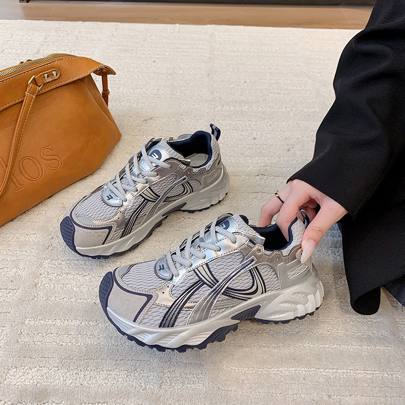 欧洲站厚底真皮老爹鞋女2025新款银色百搭休闲鞋ins潮增高运动鞋|undefined