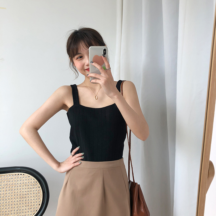Refreshing knitted camisole top with bottom lining, short flat top, loose sleeveless vest, summer women's clothing_voghion.com