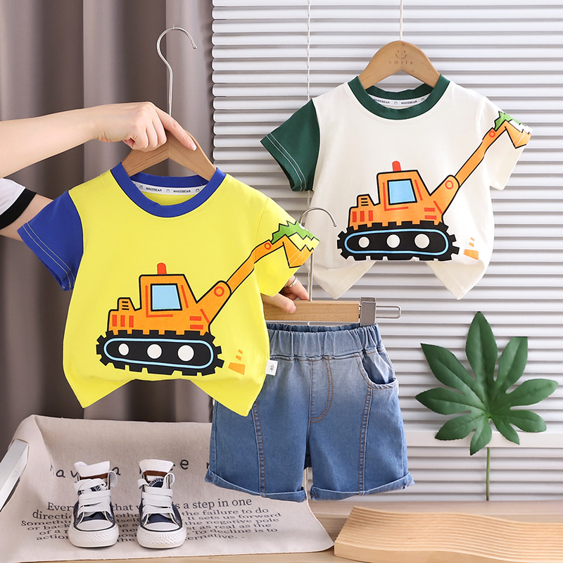 Children's Clothing Boys Summer Suit 2026 New Style Kidsren's Cartoon T-Shirt Short-Sleeved Shorts Baby Clothes Wholesale