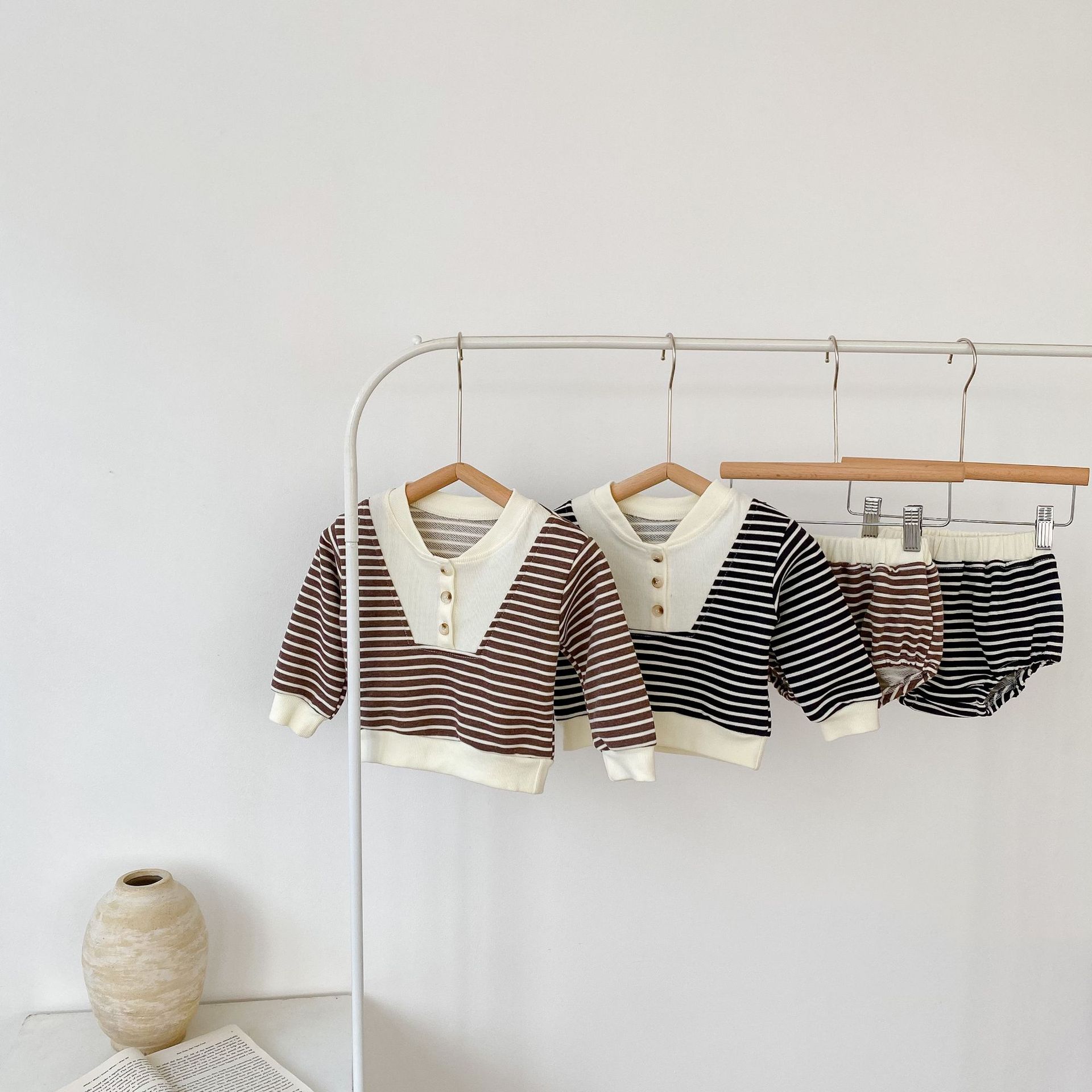 Abbigliamento autunnale 2024 per neonati, bambini piccoli, ragazzi e ragazze, pullover a righe a maniche lunghe + pantaloni a pieghe_voghion.com