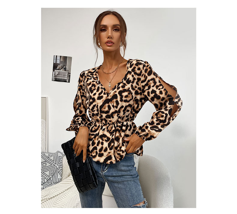 women s v-neck hollow long-sleeved leopard print pullover shirt nihaostyles wholesale clothing NSDMB79600