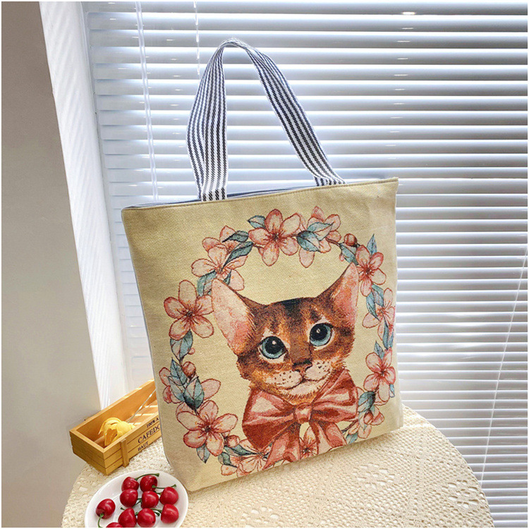 189g Weight Polyester Lining Material Zipper Closure Type Double Shoulder Straps Strap Type Tote Bag Bags Type Casual, Daily Occasion Linen Material Animal Pattern All Seasons Season Women's Gender Cute Style Square Shape Women's Linen Animal Cute Square Zipper Tote Bag 11