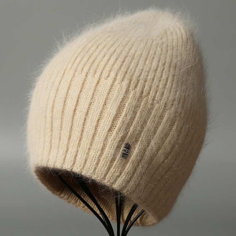 Mũ len beanie nữ lông thỏ dệt kim ấm áp mùa thu đông — màu be