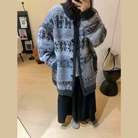 复古民族风提花重工撞色棒球领针织开衫毛衣外套秋冬新品女装上衣