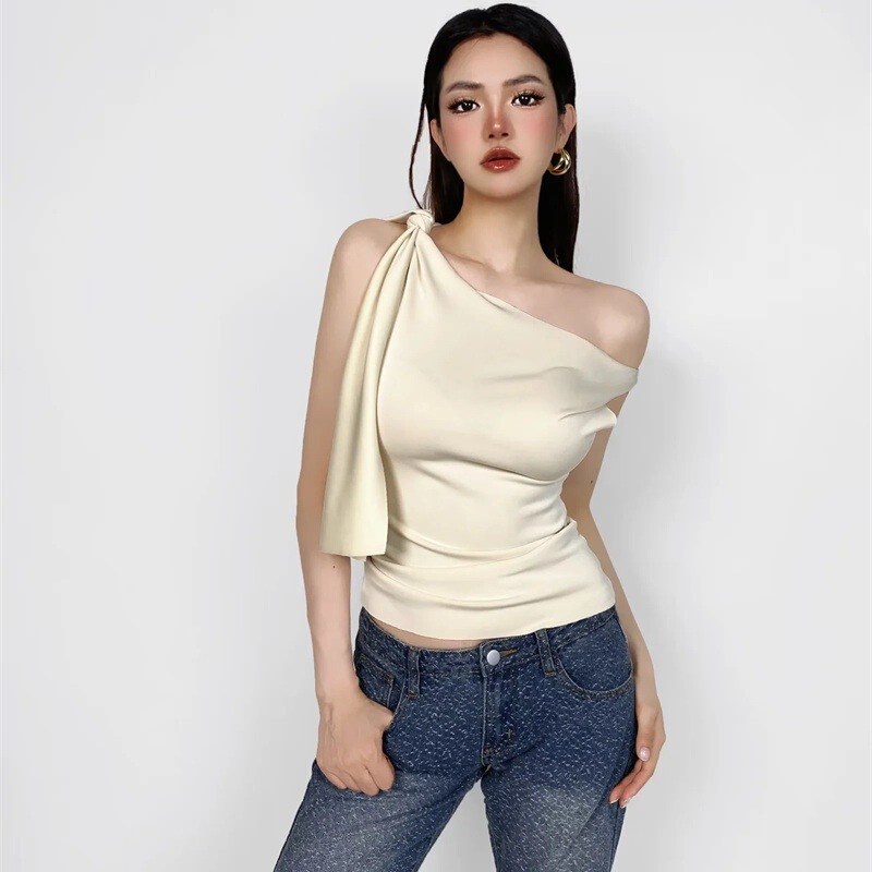 Spice Girl Irregular Slant Shoulder Strap T-shirt Women's 2024 Summer New Shoulder Kink Sleeveless Base Vest Top