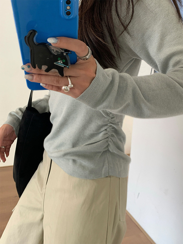 广州黄峥巨好看针织打底衫女内搭早秋韩系穿搭别致斜肩上衣530068|undefined