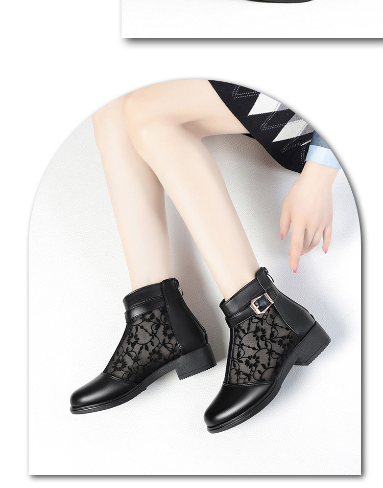 Boot lưới nữ đế thấp da thật mũi hở gót thấp kiểu dáng thoáng mát — màu đen chi tiết 13