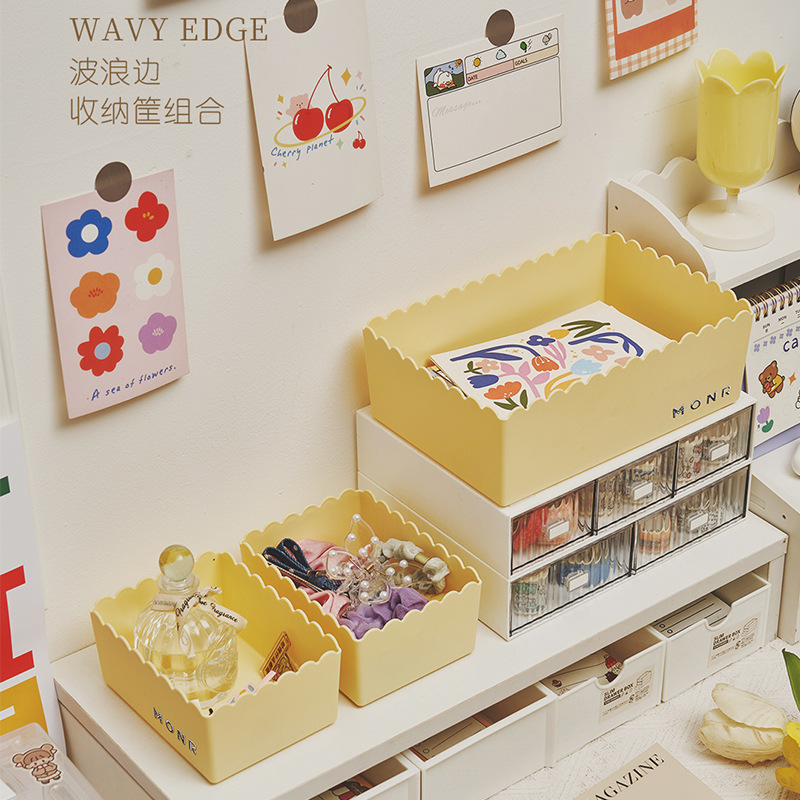 Dropshipping Cute Wavy Lace Storage Box Open Desktop Organizer Dormitory Workstation Handbook Stationery Storage