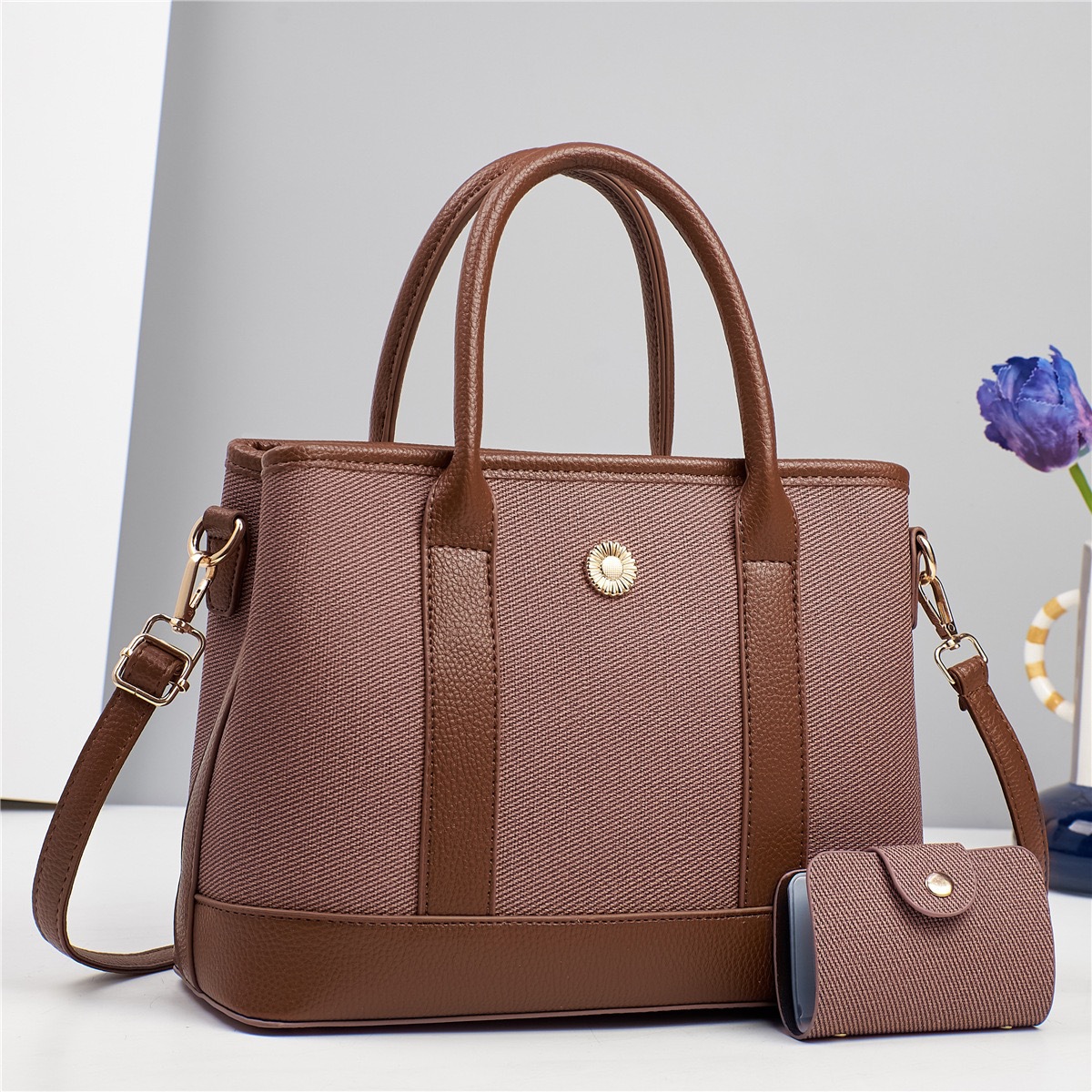 Single Shoulder Strap, Double Handle Strap Type Bag Sets Bags Type Women's Pu Leather Color Block Elegant Classic Style Square Zipper Bag Sets