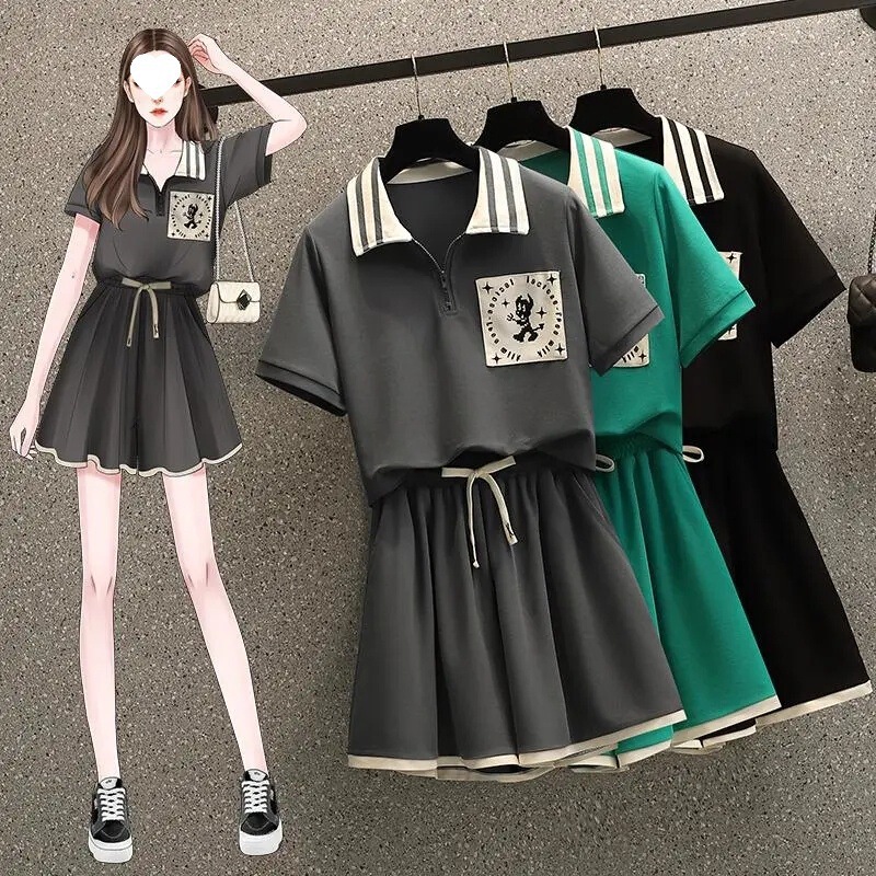 Casual Shorts Suit for Women Summer 2022 Korean Style New Fashion for Plus-Size Women, Age-Reducing Sports Short-Sleeve Two-Piece Set with Embroidery Casual Shorts Suit for Women Summer 2022 Korean Style New Fashion for Plus-Size Women, Age-Reducing Sports Short-Sleeve Two-Piece Set with Embroidery