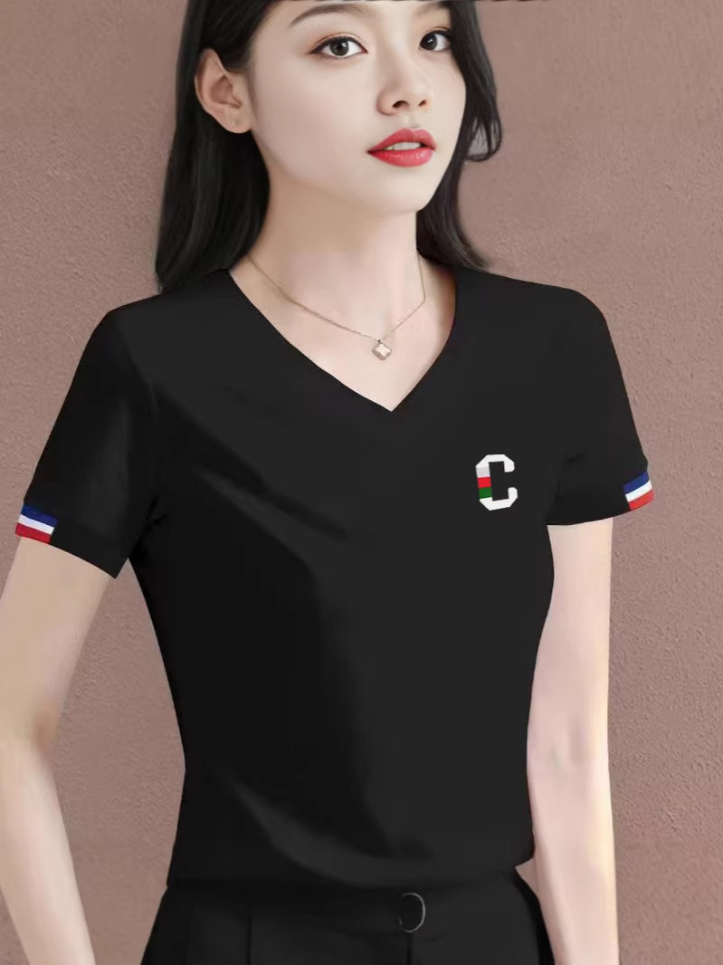 V-Neck Black Short-Sleeve T-Shirt for Women, Summer 2026 New Popular Style, Slim-Fit, Flattering Top, Regular Shoulder, Middle-Aged Women's T-Shirt