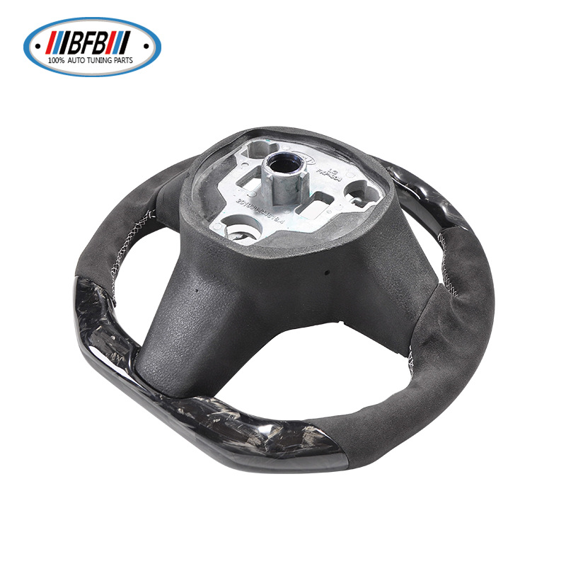 100% Real Carbon Fiber Steering Wheel Modification - For Tesla Model 3/Y - Black Perforated Leather Brown Stitching Marble Forged Pattern