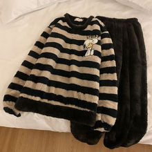 珊瑚绒韩版睡衣女冬季史迪仔长袖长裤卡通少女圆领保暖家居服套装