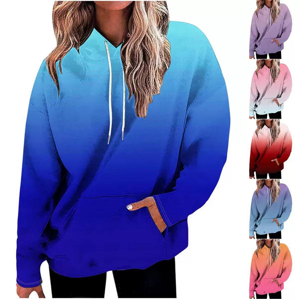 2024 Amazon Foreign Trade New Gradient Printed Hooded Pocket Long Sleeve Sweatshirt Top