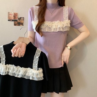 2025 Plus Size Fat mm Summer New French Lace Splicing Fake Two-Piece Short-Sleeved Half Turtleneck Top Knitwear