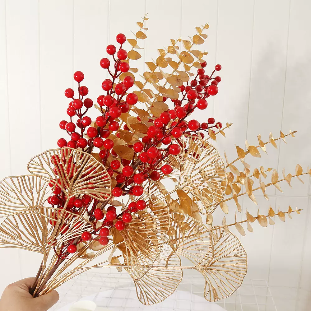 厂家批发金色系仿真花金色尤加利银杏叶仿真塑料花福桶插花材料
