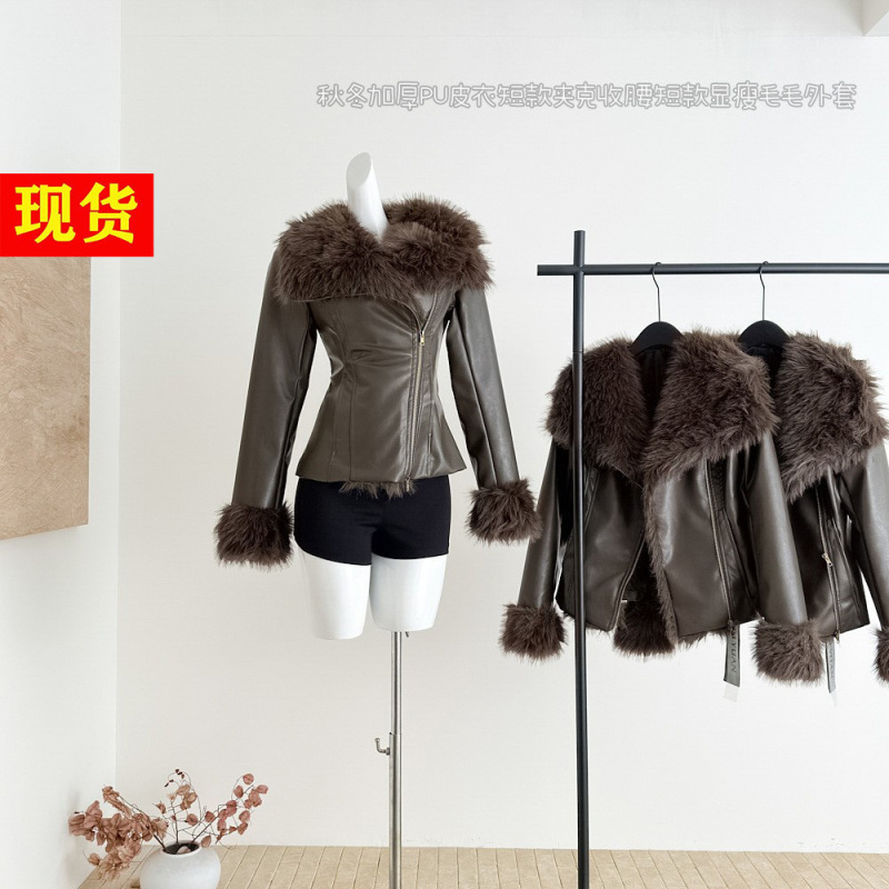 Rogo's Wool Roll Autumn/Winter Thickened Pu Leather Short Jacket Slim-Fit Short Slimming Furry Coat for Women