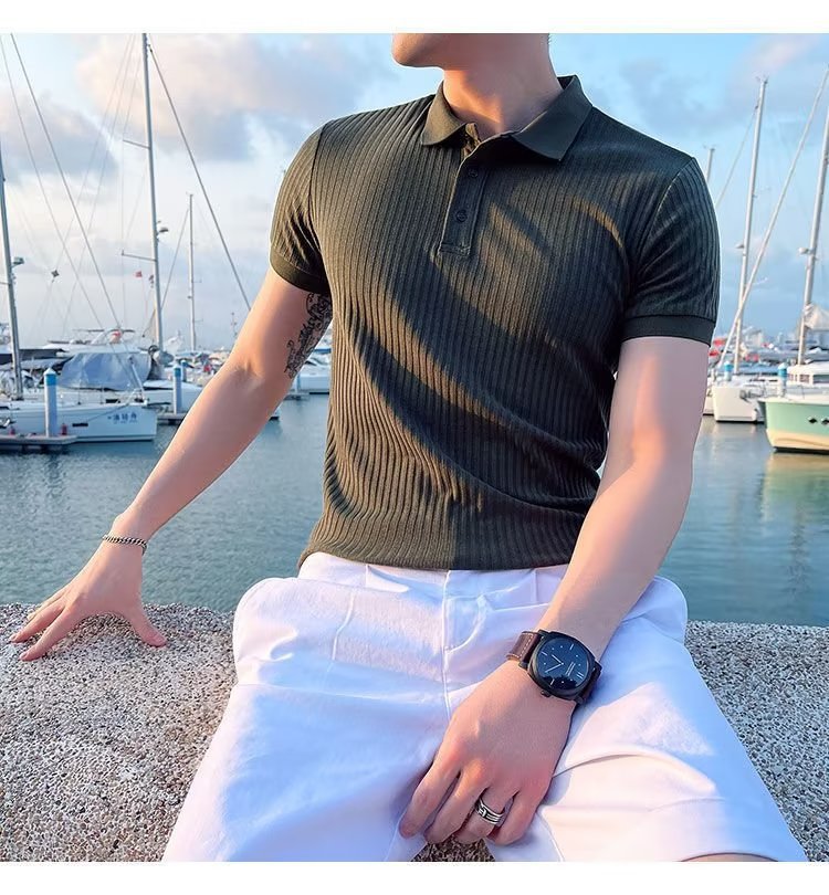 Camicia in polp intrecciato a righe estive 2023 T-shirt in seta di ghiaccio Versatile tinta unita comoda manica corta - stampabile Tiktok_voghion.com