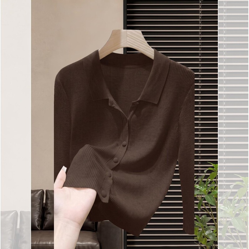 Brown POLO shirt, long-sleeved T-shirt, women's spring/autumn 2026 new collection, loose-fitting, casual, and slimming knit cardigan top Brown POLO shirt, long-sleeved T-shirt, women's spring/autumn 2026 new collection, loose-fitting, casual, and slimming knit cardigan top
