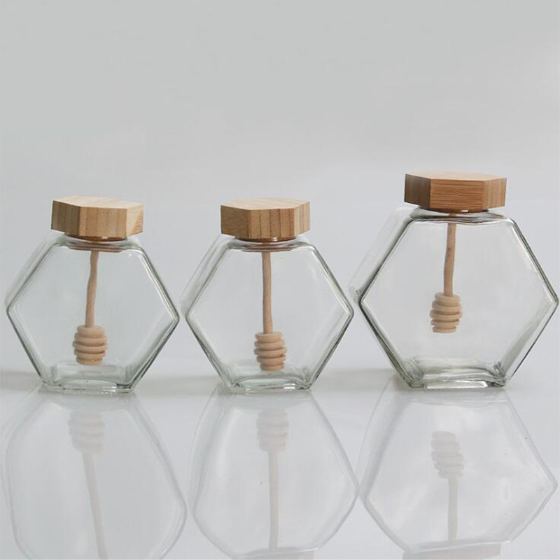 六角蜂蜜罐高档扁方形玻璃瓶密封罐木盖搅拌棒现货批发透明蜂蜜瓶