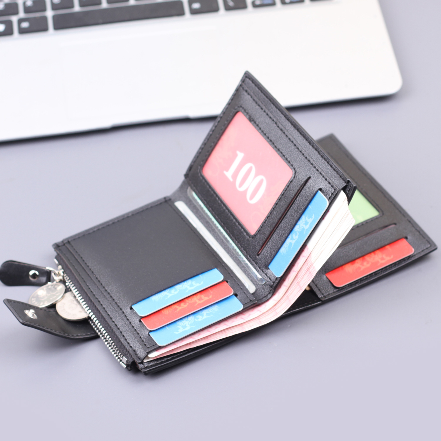 Cartera vertical, botones para hombre, billetera corta, tarjetero, billetera multifuncional, billetera para hombre, clip corto con cremallera transfronteriza