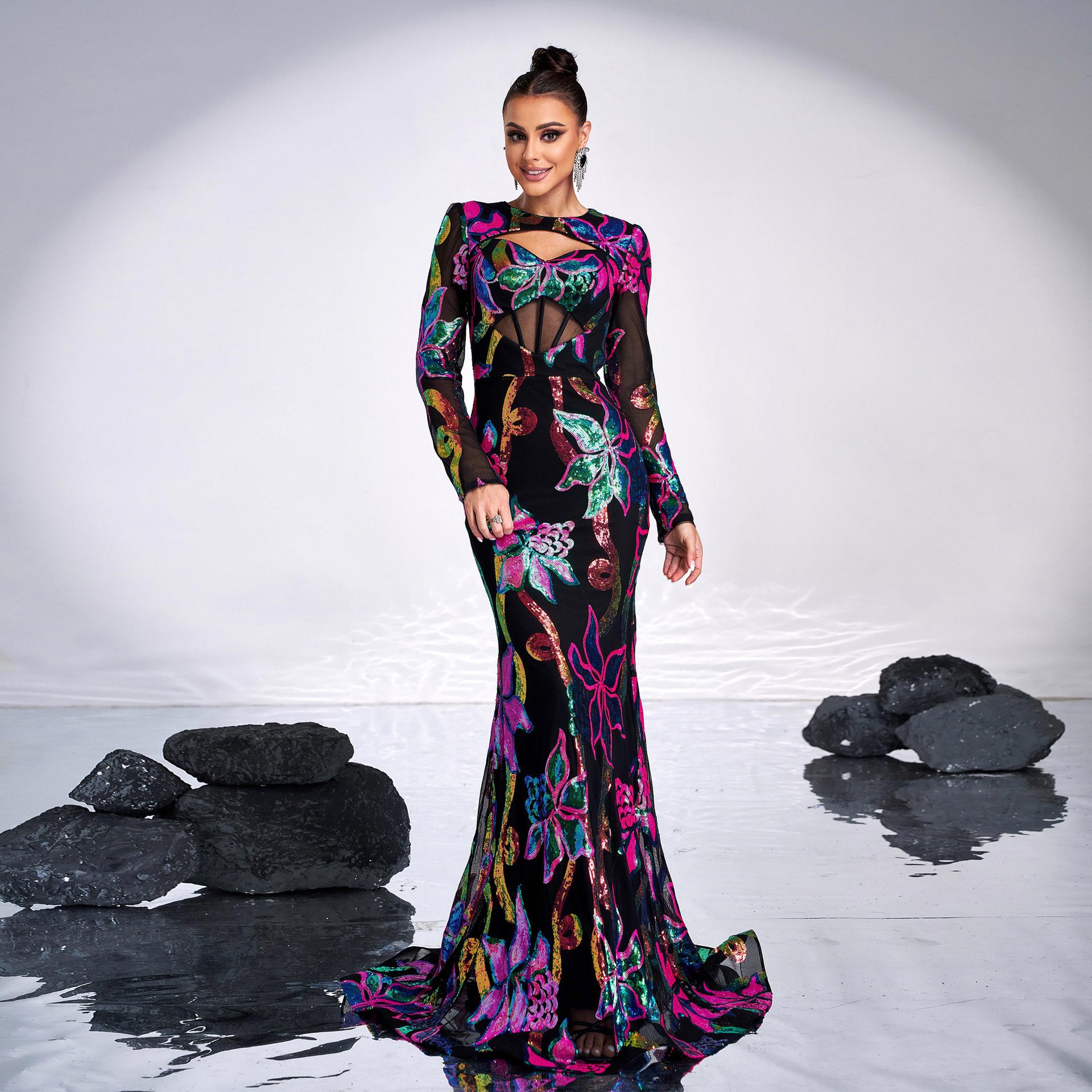 Long Sleeve round Neck Sexy Hollow Out Cutout out Long Sequined Cocktail Fishtail Evening Dress Bridesmaid Dress Women