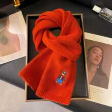 百搭100%纯羊毛围巾女卡通刺绣小熊围巾加厚秋冬围脖时尚百搭围巾