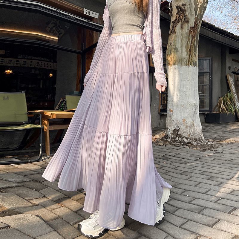 韩范紫色压褶半身裙女2025春秋新款高腰显瘦a字遮胯大摆百褶长裙|undefined