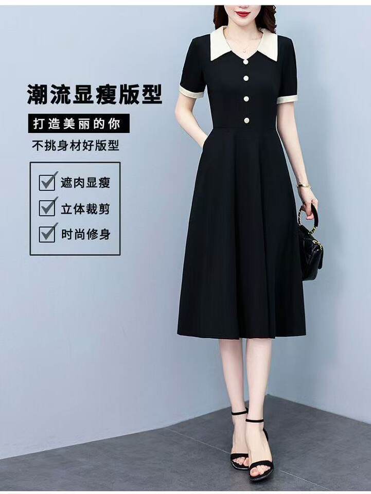 Đầm liền thân ngắn tay cổ polo dáng chữ A eo cao phong cách thanh lịch — [Màu đen] Có túi [Vải cao cấp] chi tiết 3