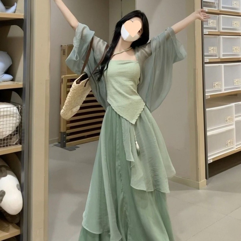 New Chinese-Style Women's Clothing for Petite Women, Improved Hanfu with Chinese Elements, Everyday Green Dress Three-Piece Set for Women New Chinese-Style Women's Clothing for Petite Women, Improved Hanfu with Chinese Elements, Everyday Green Dress Three-Piece Set for Women