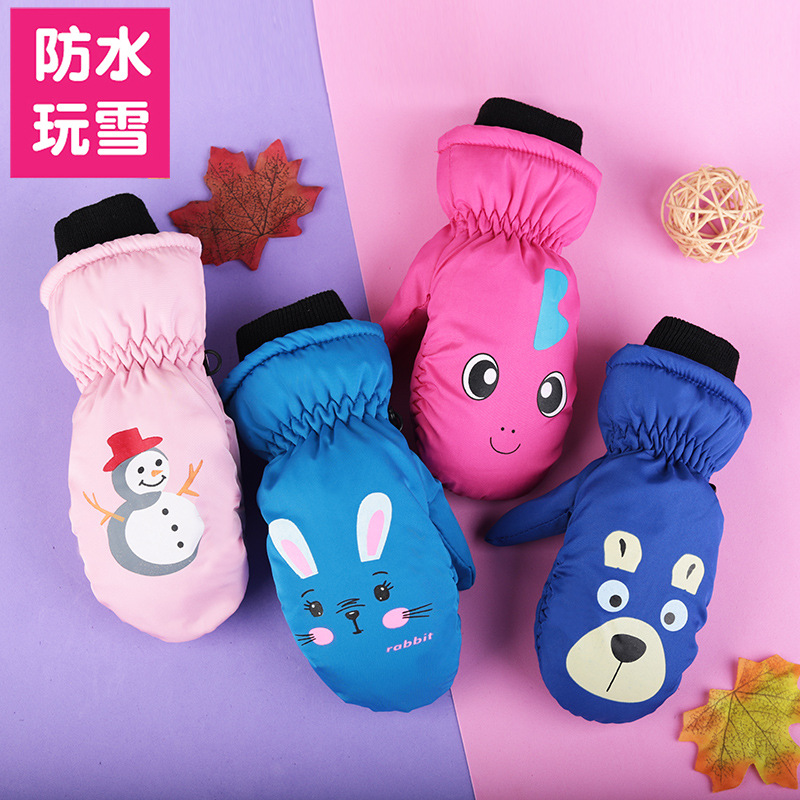 Guantes de nieve infantiles con dedos juntos – De algodón grueso, impermeables, diseño de dibujos animados