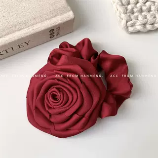 Satin Rose Large Intestine Hair Ring For Women - Wine Red Flowers - View 1