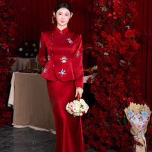 酒红色新娘订婚礼服裙新中式2025新款显白轻奢敬酒服晨袍回门套装