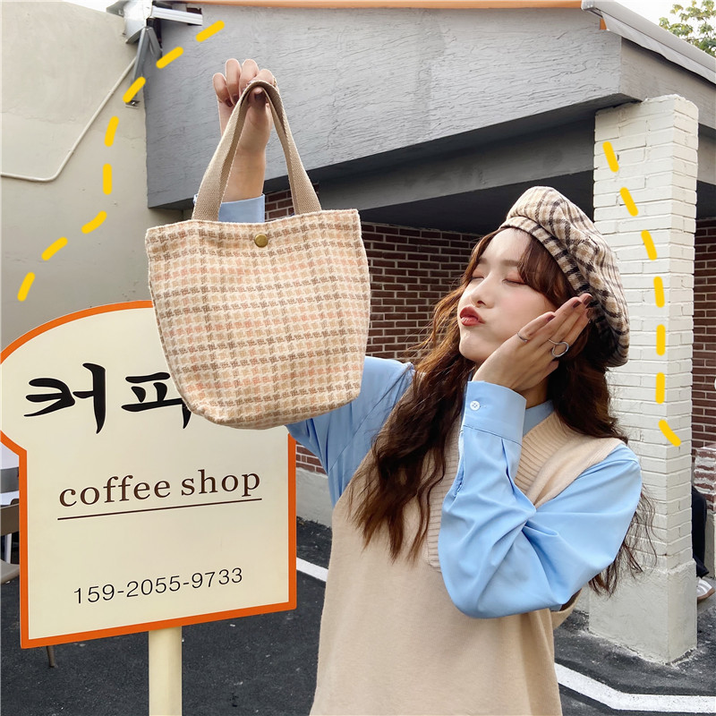 08181 Japanese-style woolen checkered bento bag, ins Korean-style handbag, fresh women's walking lunch box, small handbag wholesale undefined