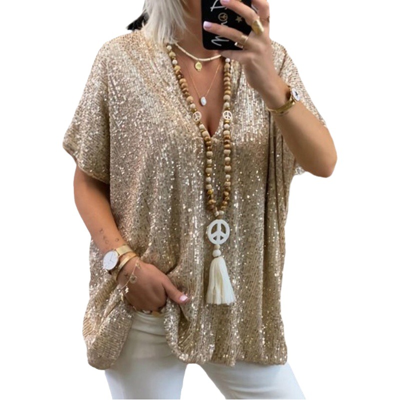 2025 nuevo estilo europeo y americano Amazon manga corta urbana casual color suelto jersey con lentejuelas con cuello en V camiseta top mujer image 1