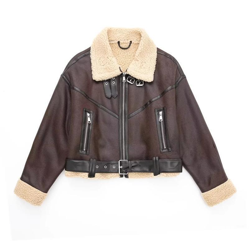 Cross-border 2023 autumn new women's clothing fashionable simple style with belt double-sided short jacket coat 8073265