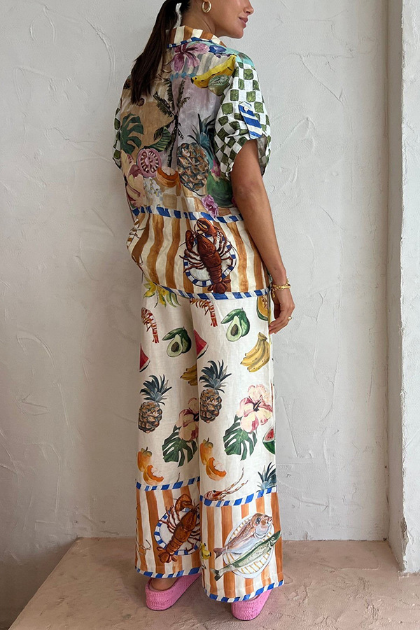Loose Fit Type Fruit, Shrimp Pattern Summer, Spring Season Holiday Women's Vacation Fruit Shrimp Cotton And Linen Printing Pant Co-ord Set Pants Sets