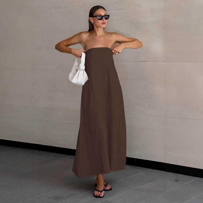 French Khaki Cotton and Linen Tube Top Resort-Style High-Waisted Dress with Backless Design 2026 European and American Summer New Long Dress for Women