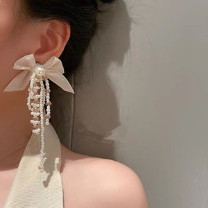 Department of Japan and South Korea earrings super fairy long bowknot tassel wind restoring ancient ways pearl crystal stud earrings earrings female