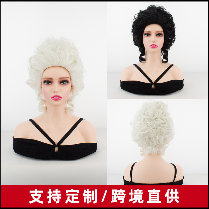 Fashion Wig Women's European and American Short Hair Set Silver White Black Curly Hair Court Style Retro Simulation Roman Roll Head Cover