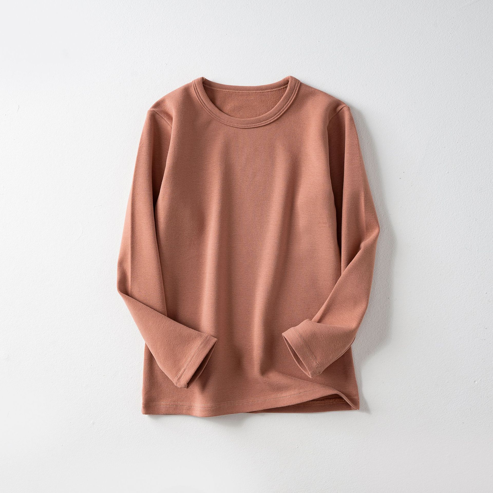 Camiseta interior térmica gruesa de forro polar para niños, top de manga larga con cuello redondo de color liso para niñas y niños, ropa interior térmica.