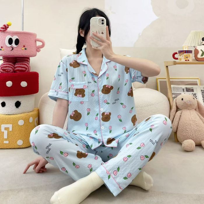 Vietnam transfronterizo al por mayor pijamas de verano para mujer, pantalones frescos de manga corta, cárdigan estampado, servicio a domicilio, dos trajes