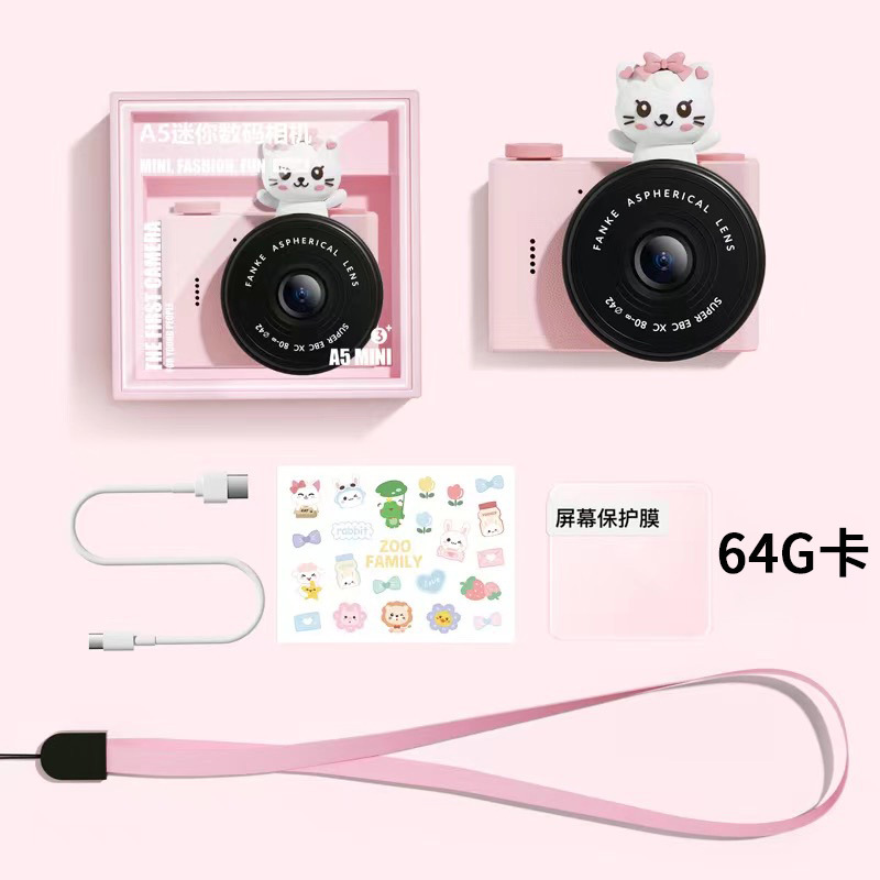 Cámara de estudiante de dibujos animados para niños A5 Cámara de bolsillo portátil de doble cámara delantera y trasera Mini cámara digital Regalo del día de los niños