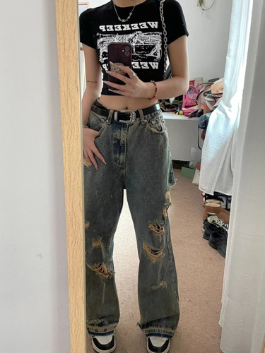  High-Waisted Distressed Denim Pants for Women, Loose Fit, Wide Leg, Inspired by Street Style and Chinese Trends—Perfect for Summer, Available via Drop Shipping