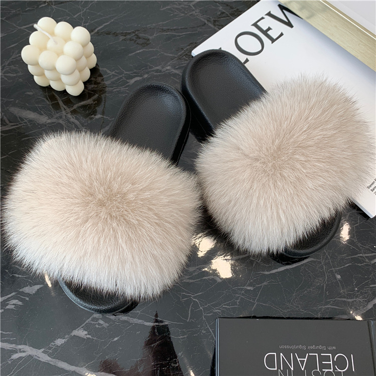 Zapatillas de pelo de zorro de moda damas una zapatilla de piel casera para usar zapatos de playa casuales zapatillas de piso plano