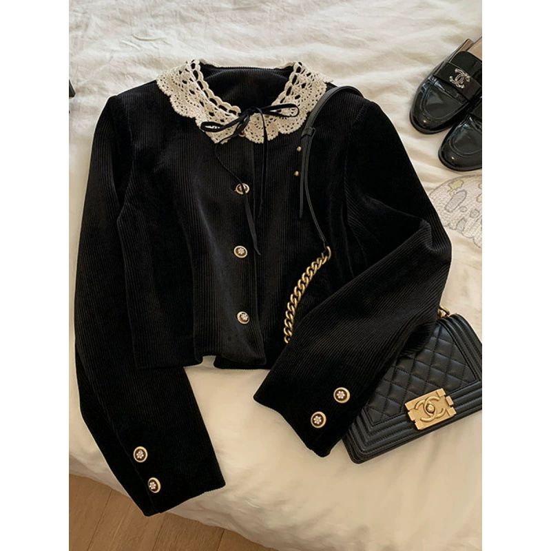 2025 новая осенне-зимняя корейская стильная маленькая ароматная куртка для женщин, модный высококачественный черный вельветовый топ