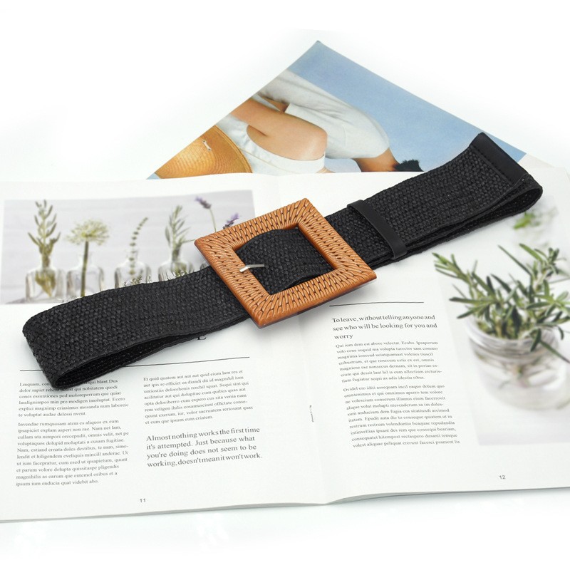 Cinturón Ancho de Tejido de Lino para Mujer, con Hebilla de Madera, Estilo Bohemio