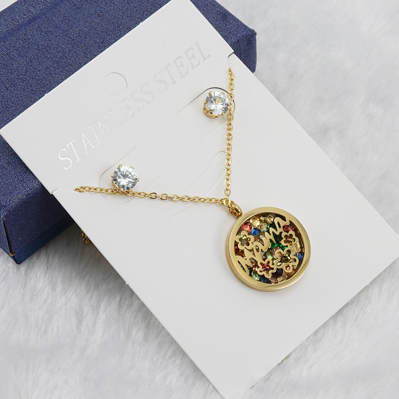 Fashion Round Letter Flower Stainless Steel Hollow Out Zircon Earrings Necklace 1 Set