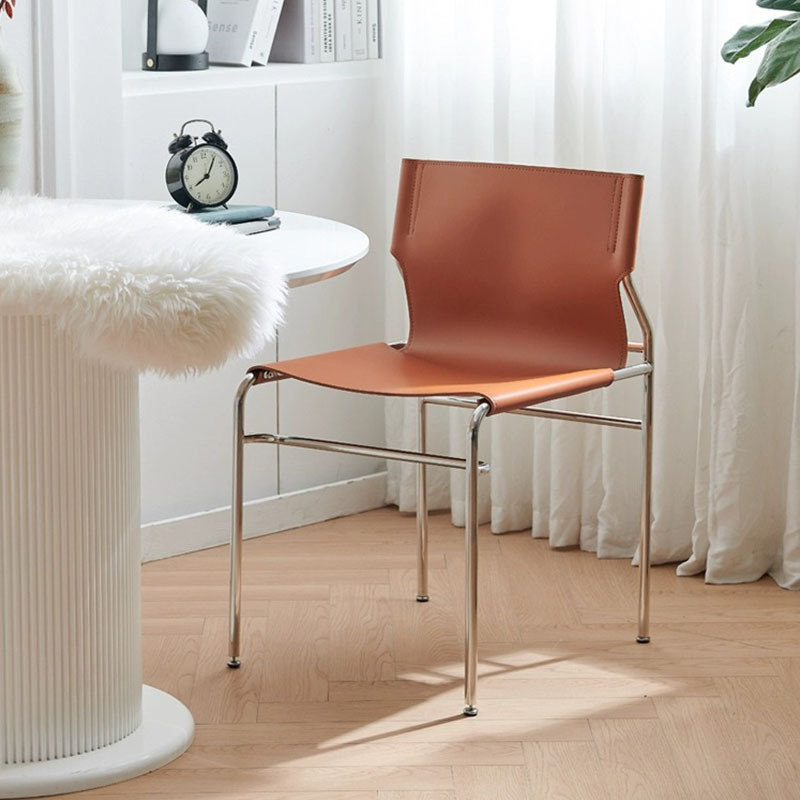 Medieval style dining chair stainless steel Nordic Bauhaus simple modern saddle leather backrest negotiation chair