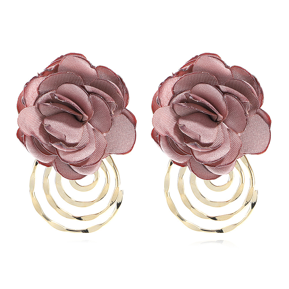 Korea Fabric Flower Earrings Autumn New Retro Multilayer Spiral Metal Pendant Rose Earrings